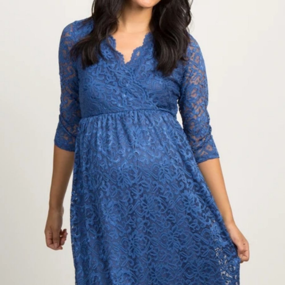 Pink Blush Blue Lace Overlay Maternity dress